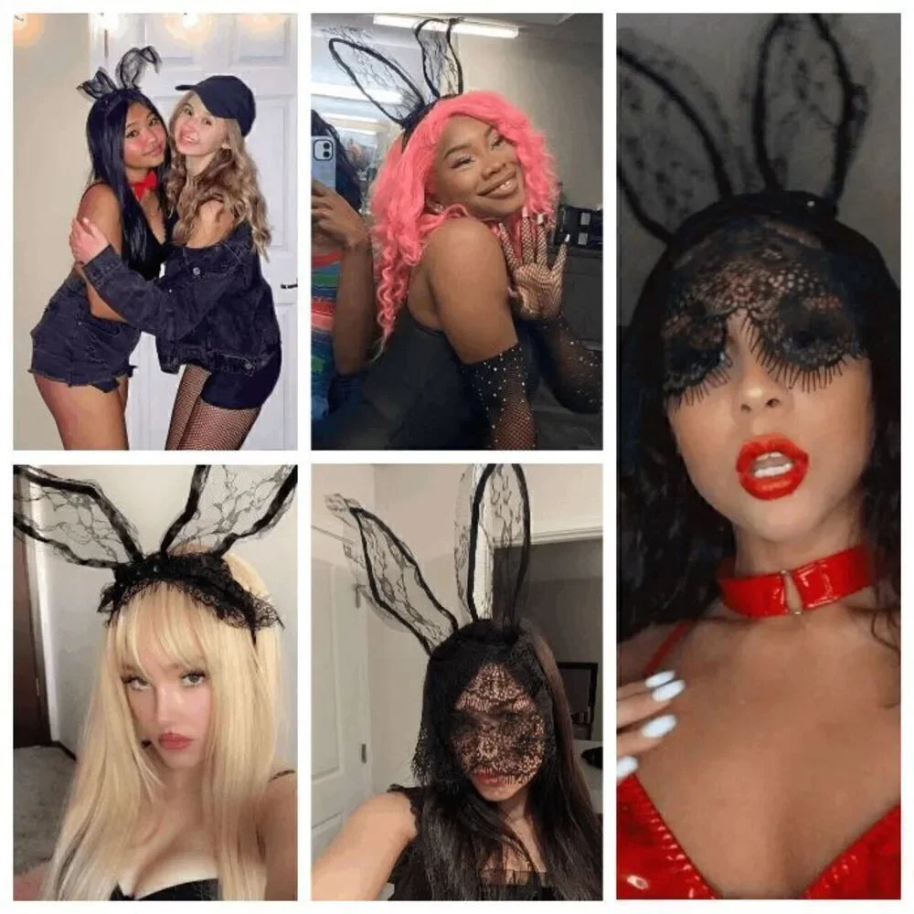 🖤 Sexy Playboy Bunny Costume Black Lace Rabbit Ears Hair Hoop Hairband Mask NEW